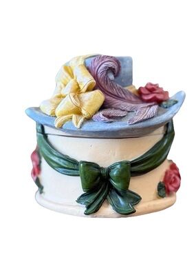 VTG Trinket Box Hat w Floral Accents - Green, Yellow, Pink
